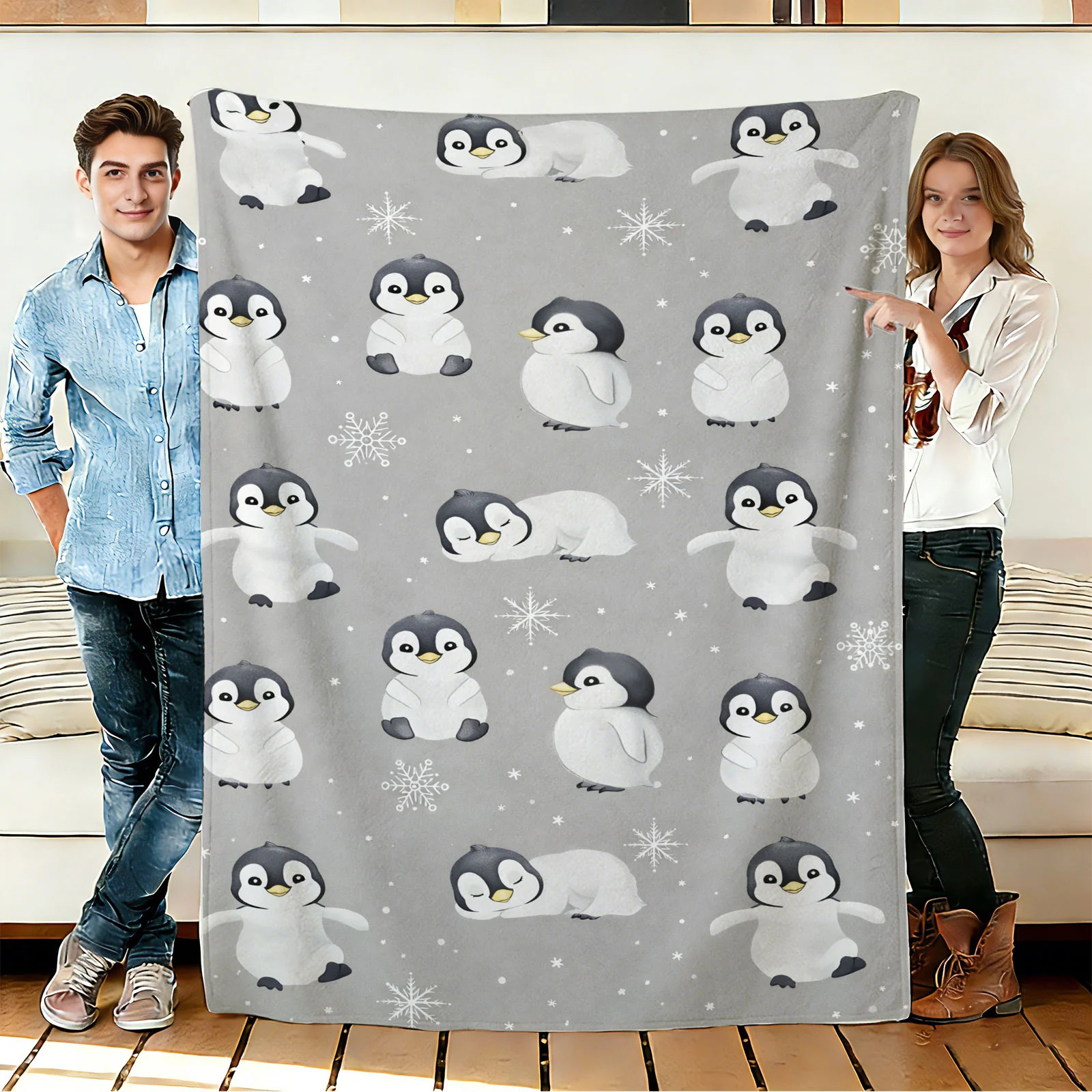 Cute Penguin Grey Flannel Throw Blanket Gifts Cozy Soft Funny Print Blankets