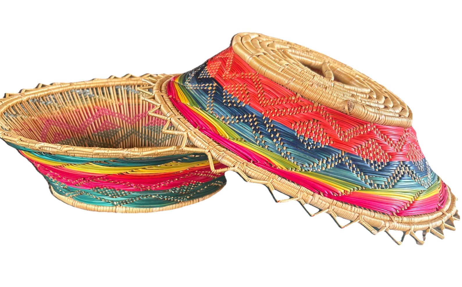 Pair Colorful HandWoven Ethnic Baskets Wall Table Global Boho Art Decor 12"