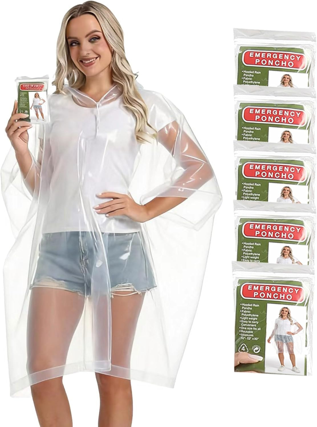 Disposable Clear Rain Poncho with Hood, Compact, Emergency Use, Pack of 5