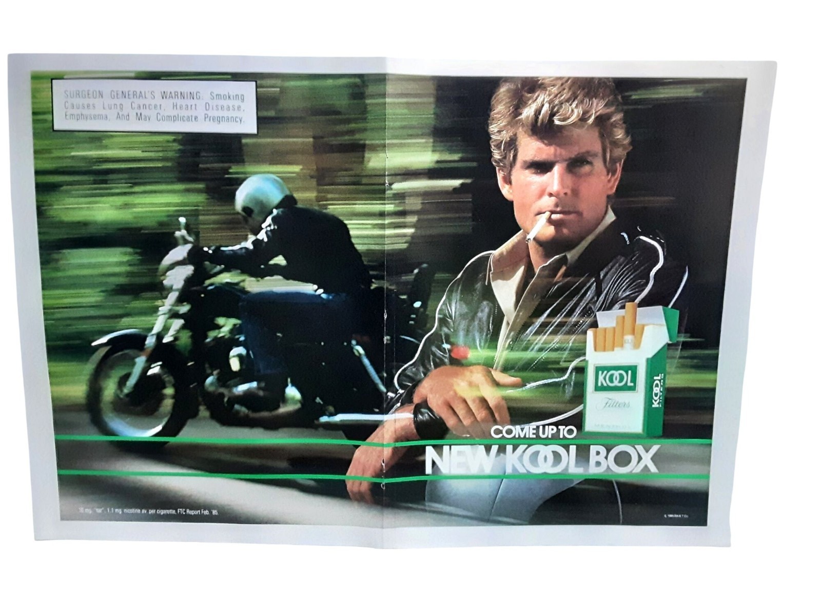 1985 Kool Filters Cigarettes Two Page Uncut Print Ad Motorcycle Rider