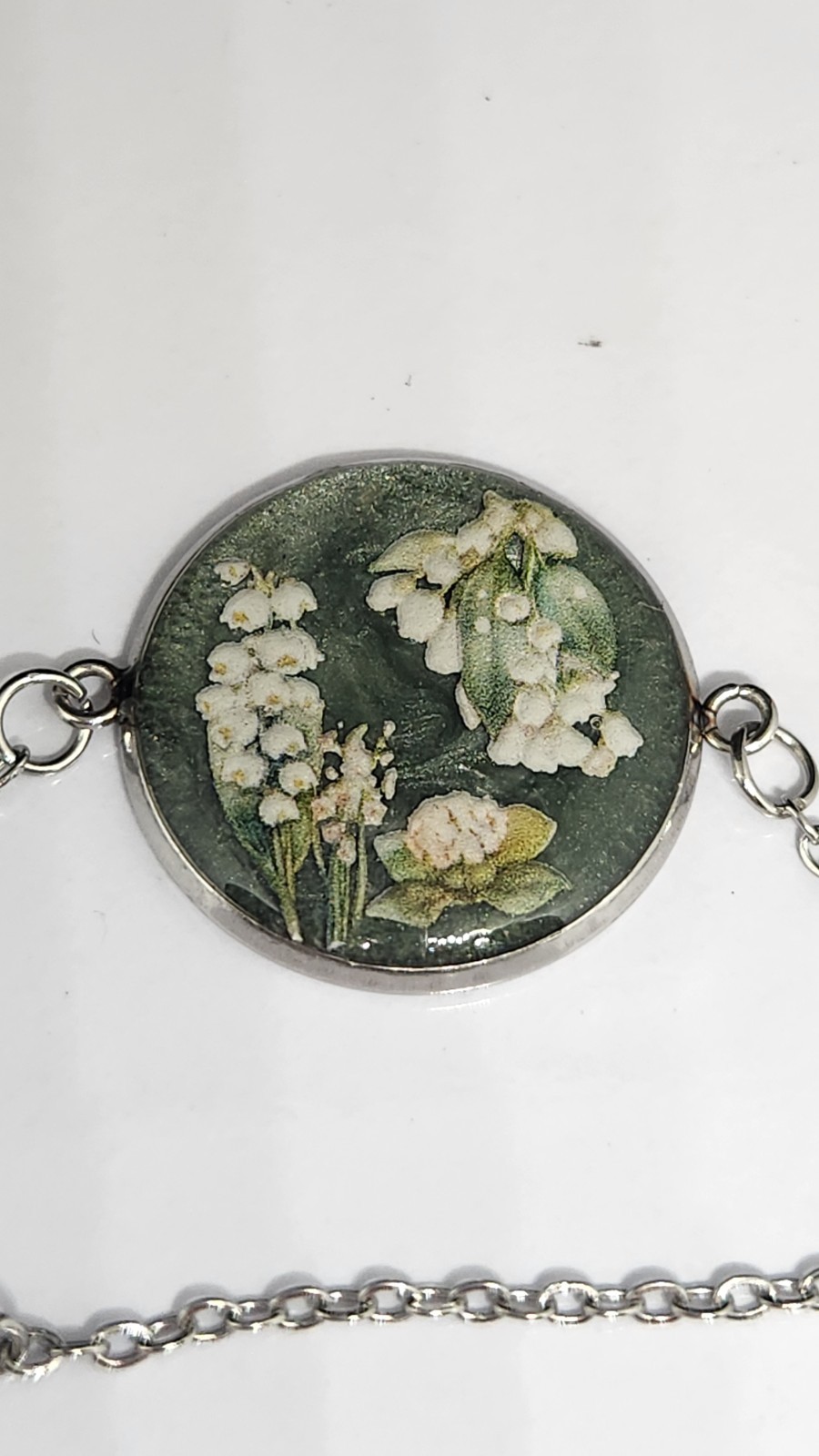 Handmade Resin Bracelet -  Stainless Steel - 8" Adjustable - Green Floral