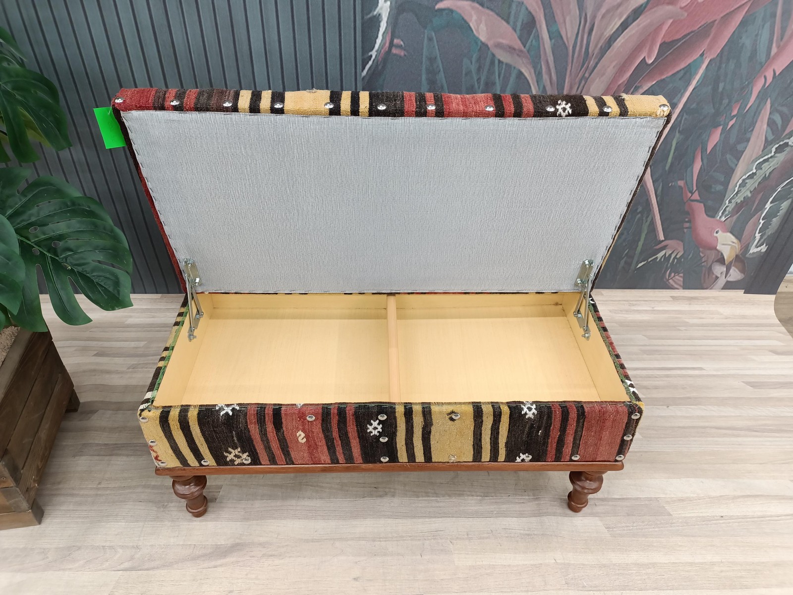 Kilim Storage Ottoman Handmade Wood Bench Upholstered Entry Organizer