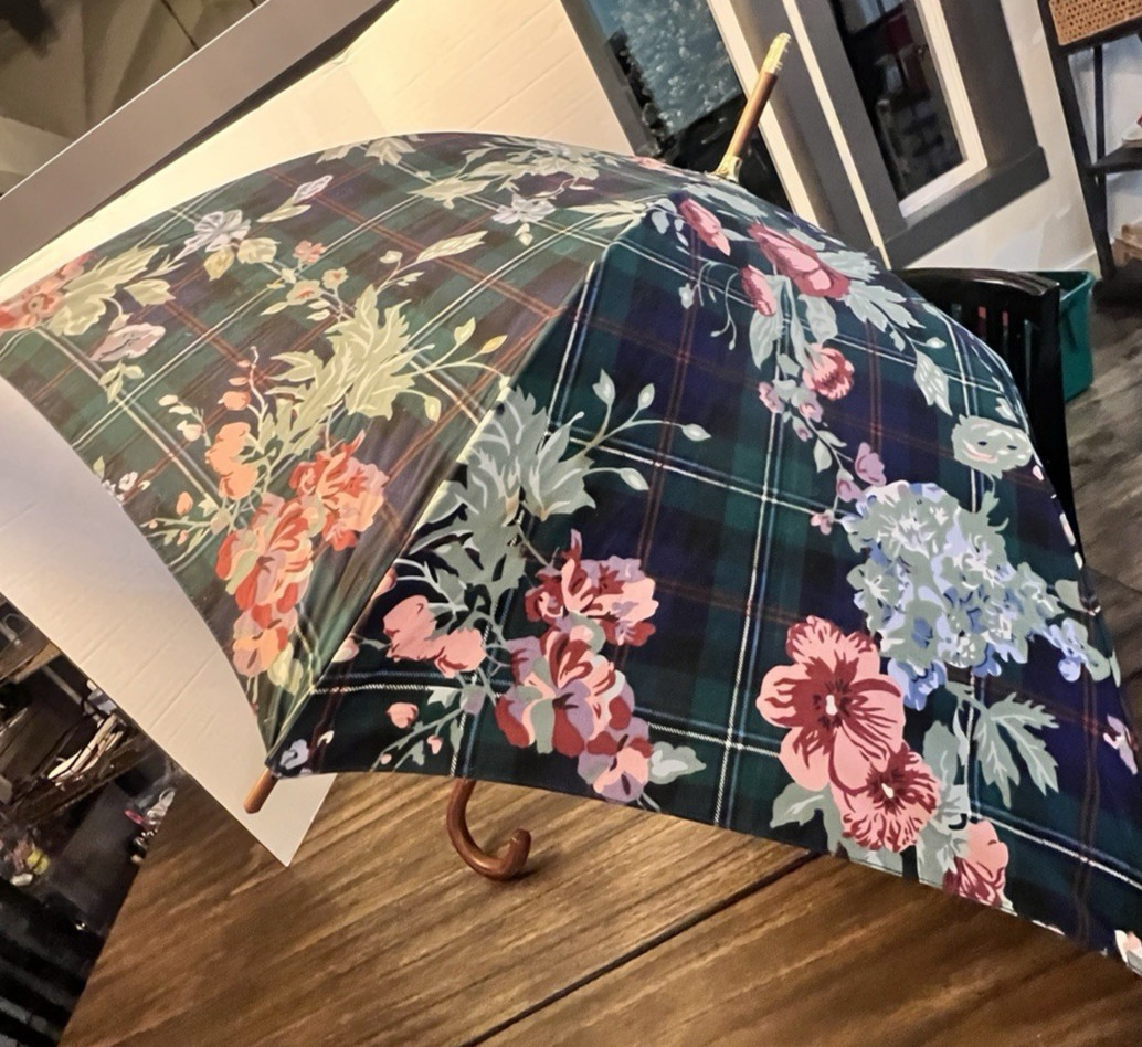 VTG Ralph Lauren Umbrella Floral Plaid Green Navy Blue Parasol Wood Cane Handle