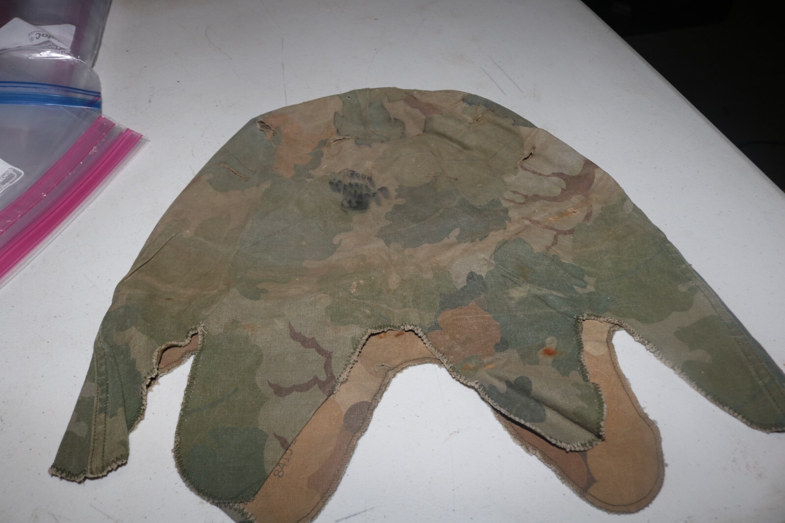 Vietnam Mitchell camo M1 helmet cover w original writing good luck friday 13th