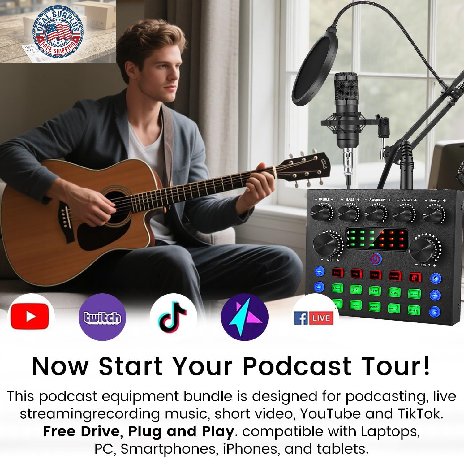 Podcast Equipment Bundle, Recording Studio Package with Podcast Microphone and V