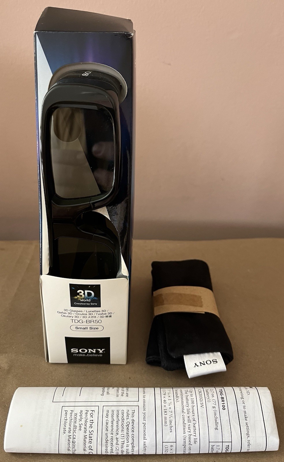 Sony TDG-BR50 3D Glasses W/ Case & Manual - Black Size Small - New Open Box