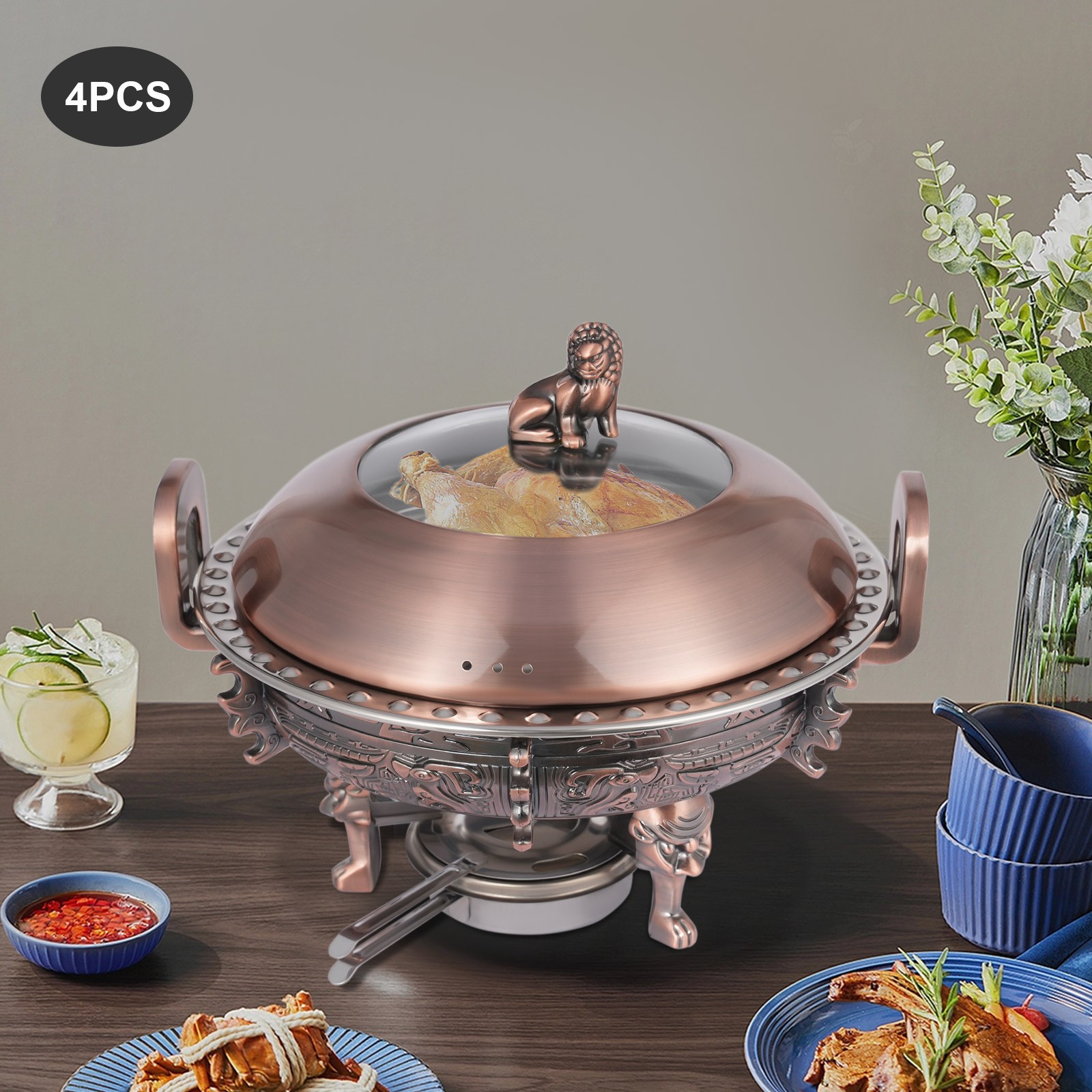 4PCS Bronze Chinese Style Chafing Buffet Set Round Stainless Steel Buffet Set