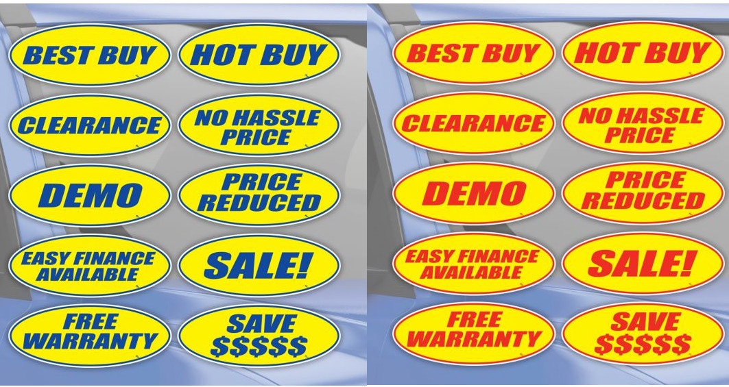 Versa Tag HIGHLIGHT SLOGANS OVALS YELLOW BLUE RED CAR AUTO DEALER LOT DEALERSHIP