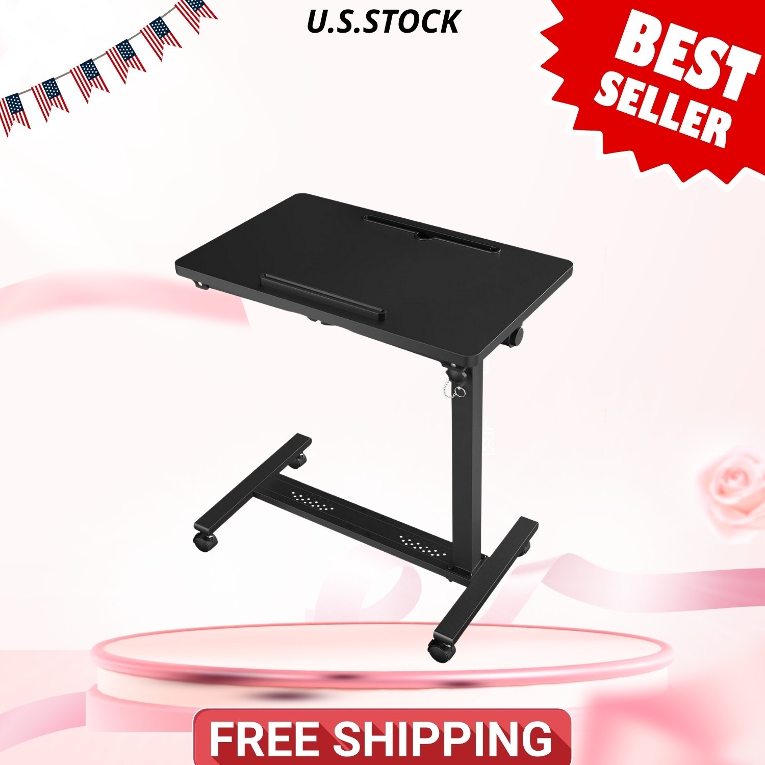 Adjustable overbed bedside table with wheels, rolling hospital laptop desk