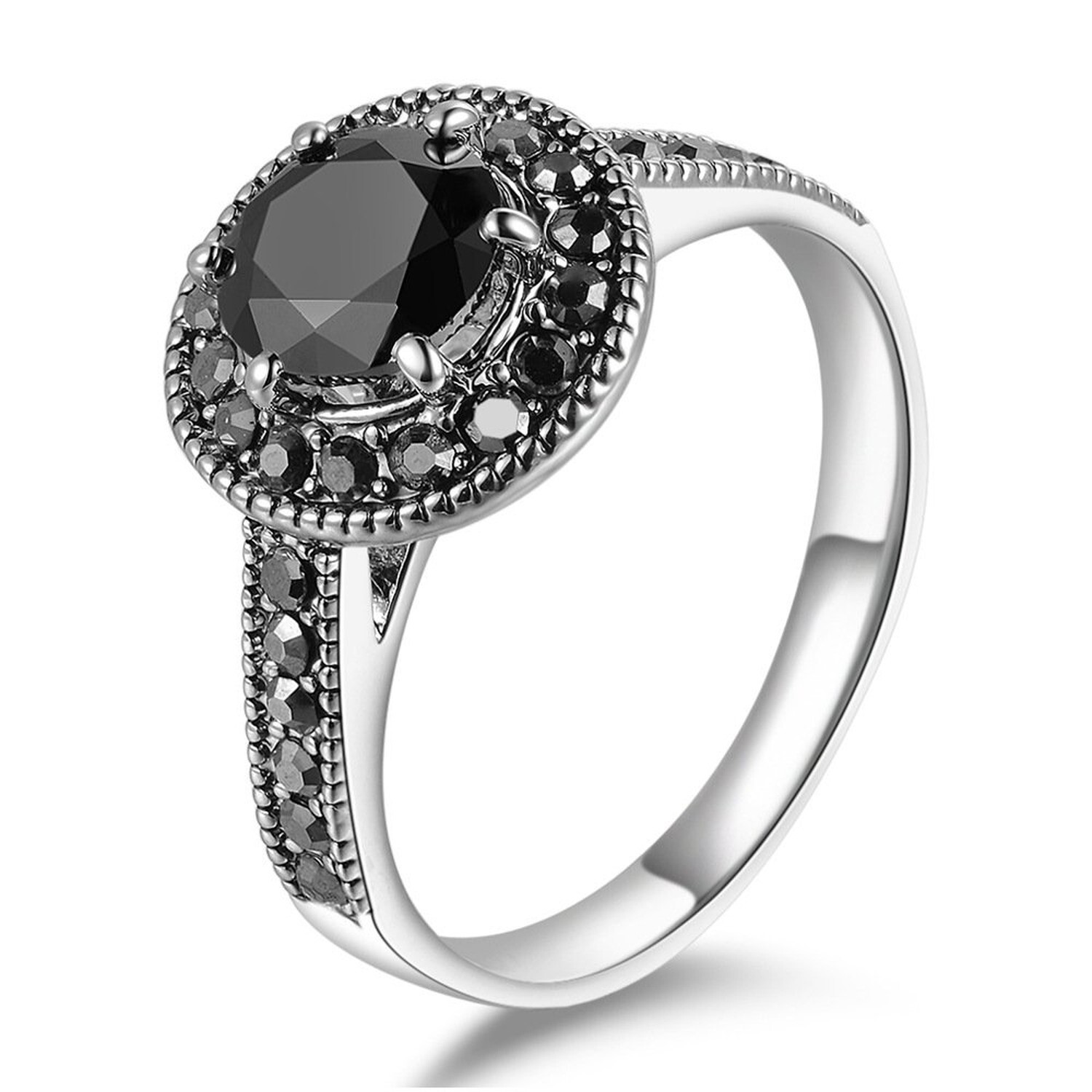 Vintage Wide Ring Classic Black Marcasite Crystal Rows Statement Silver Chunk...