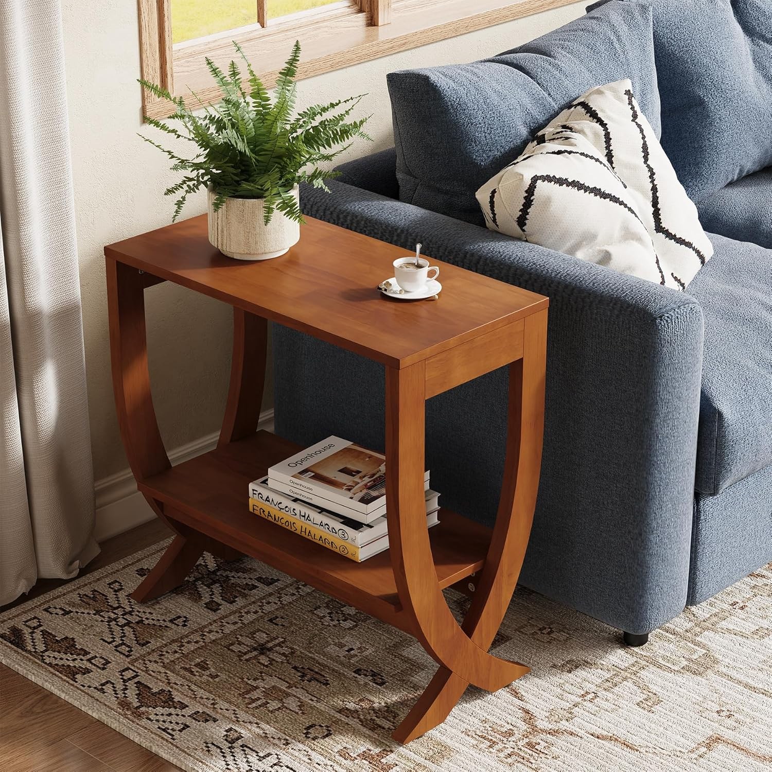 2-Tier Solid Wood End Table Modern Couch Side Table with Storage for Living Room