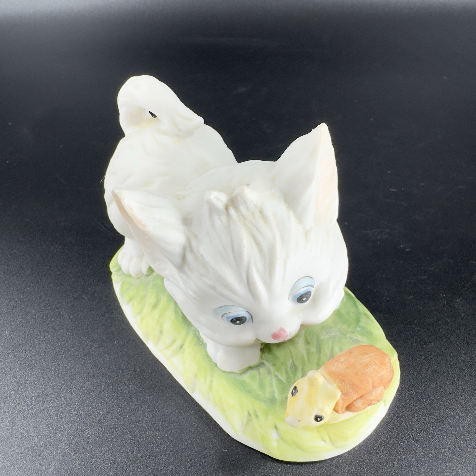 Vintage Lefton China White Kitten And Snail Ceramic Whimsical Figurine Decor VTG