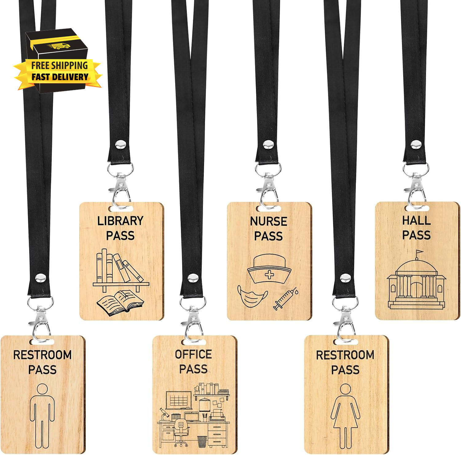6 Pcs Hall Pass Lanyard and School Pass Set, Wooden Bathroom Passes for Classroo