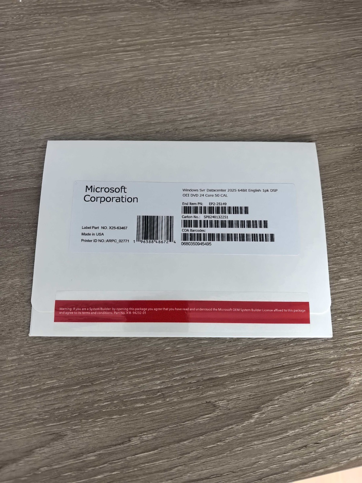 Microsoft Windows Server 2025 Datacenter 24-Core 50CAL 1PK DVD + KEY Kit