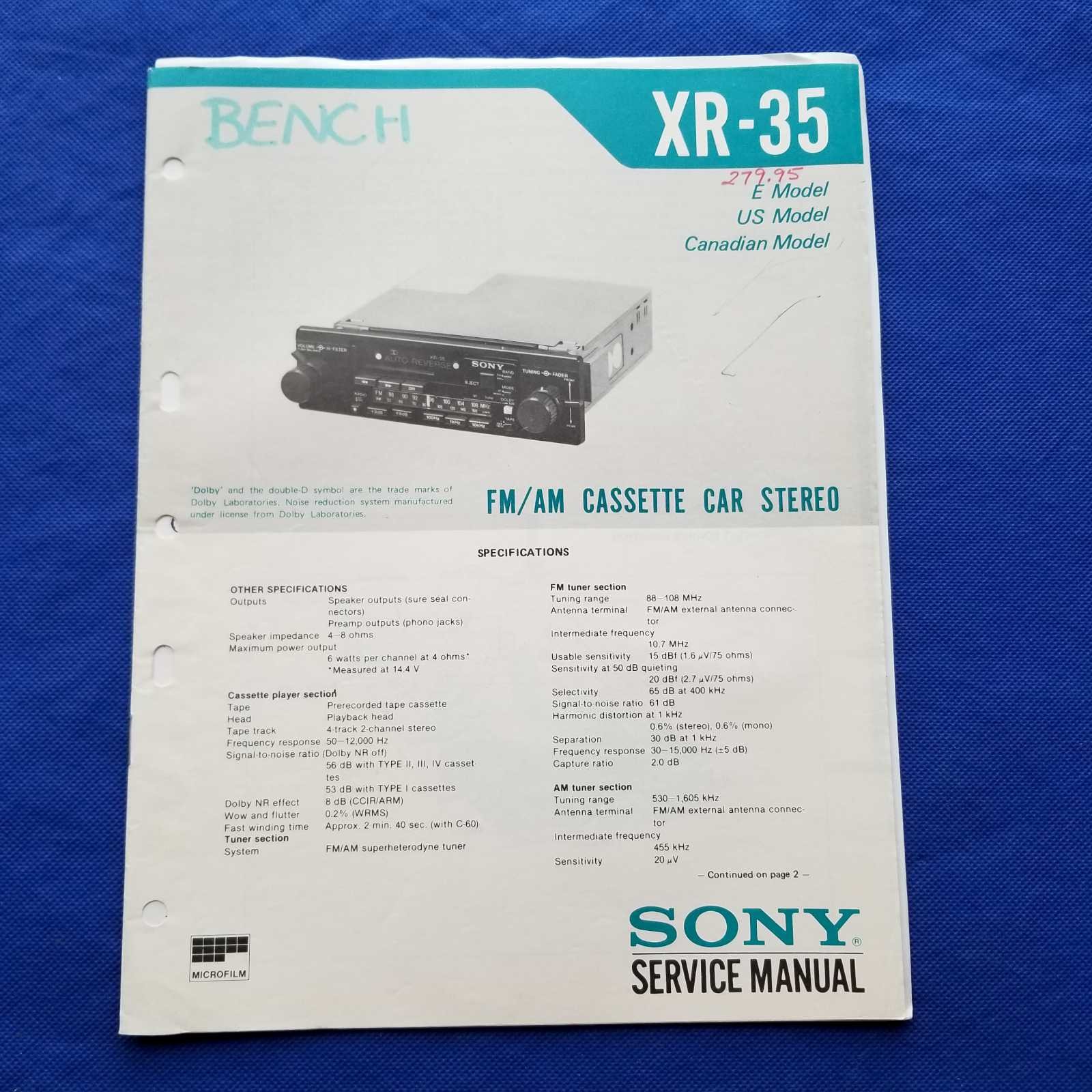 SONY XR-35 Service Manual Original Paper OEM Repair Guide - USA