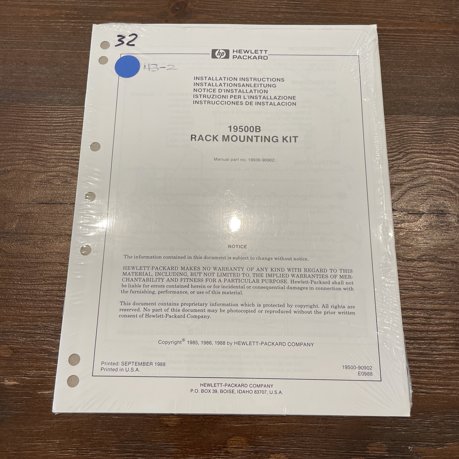 HP 19500B Rack Mounting Kit Installation Instructions Manual 19500-90902 E0988