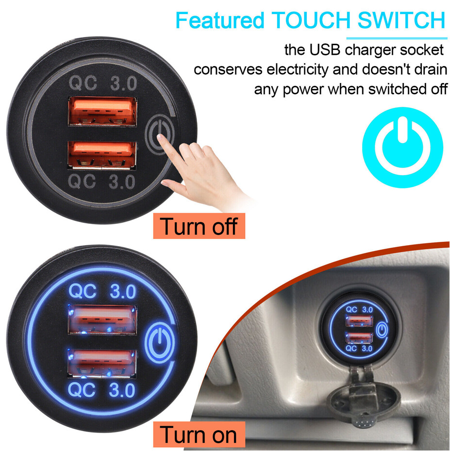 2X Car 12V USB Outlet Quick Charge Socket 3.0 Dual USB Power Outlet Touch Switch