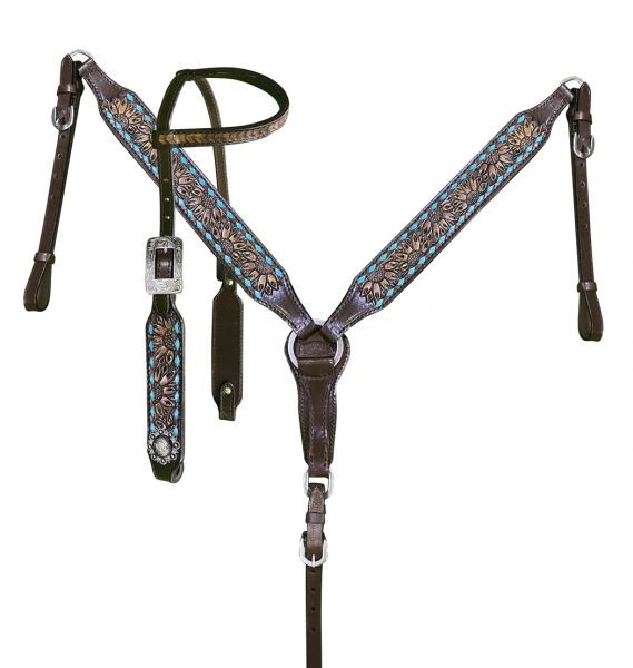 Showman Sunflower Tooled Leather Headstall/Breast Collar Set-Rawhide Buckstitch