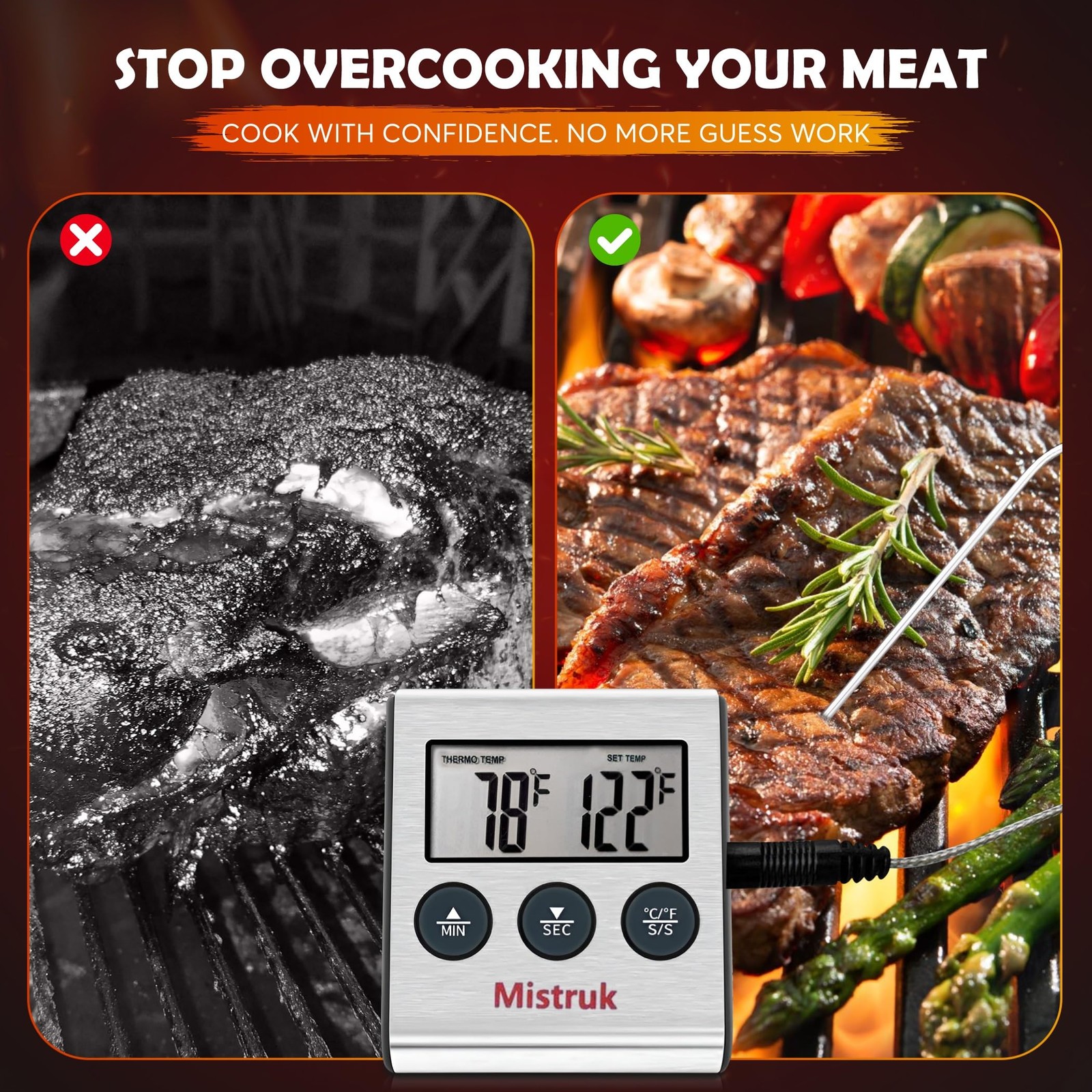 Digital Thermometer for Cooking with Stainless Steel Probe & Timer Alert – Ac...