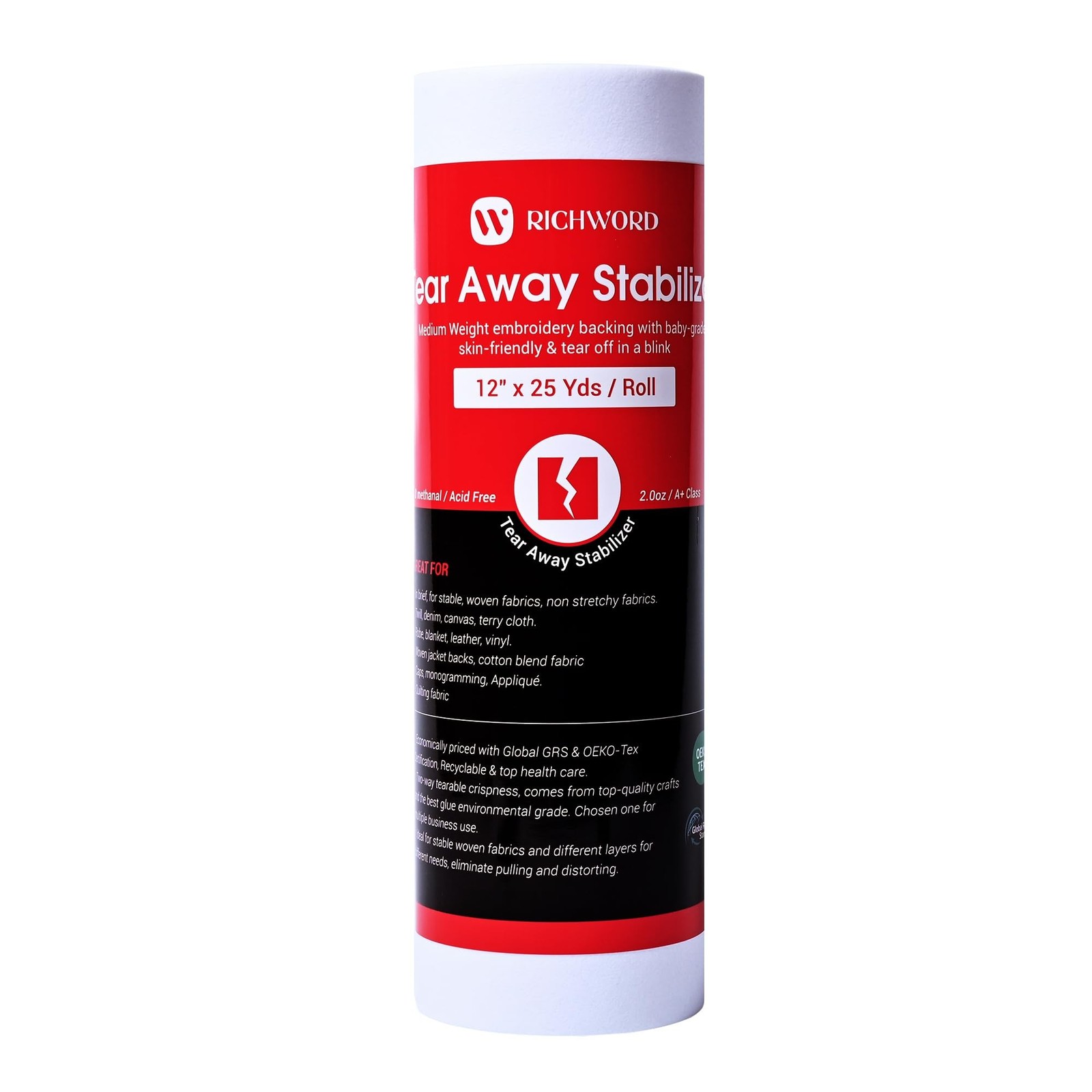 Richword Selected Tear Away Embroidery Stabilizer Backing 12" x 25 Yard roll,...