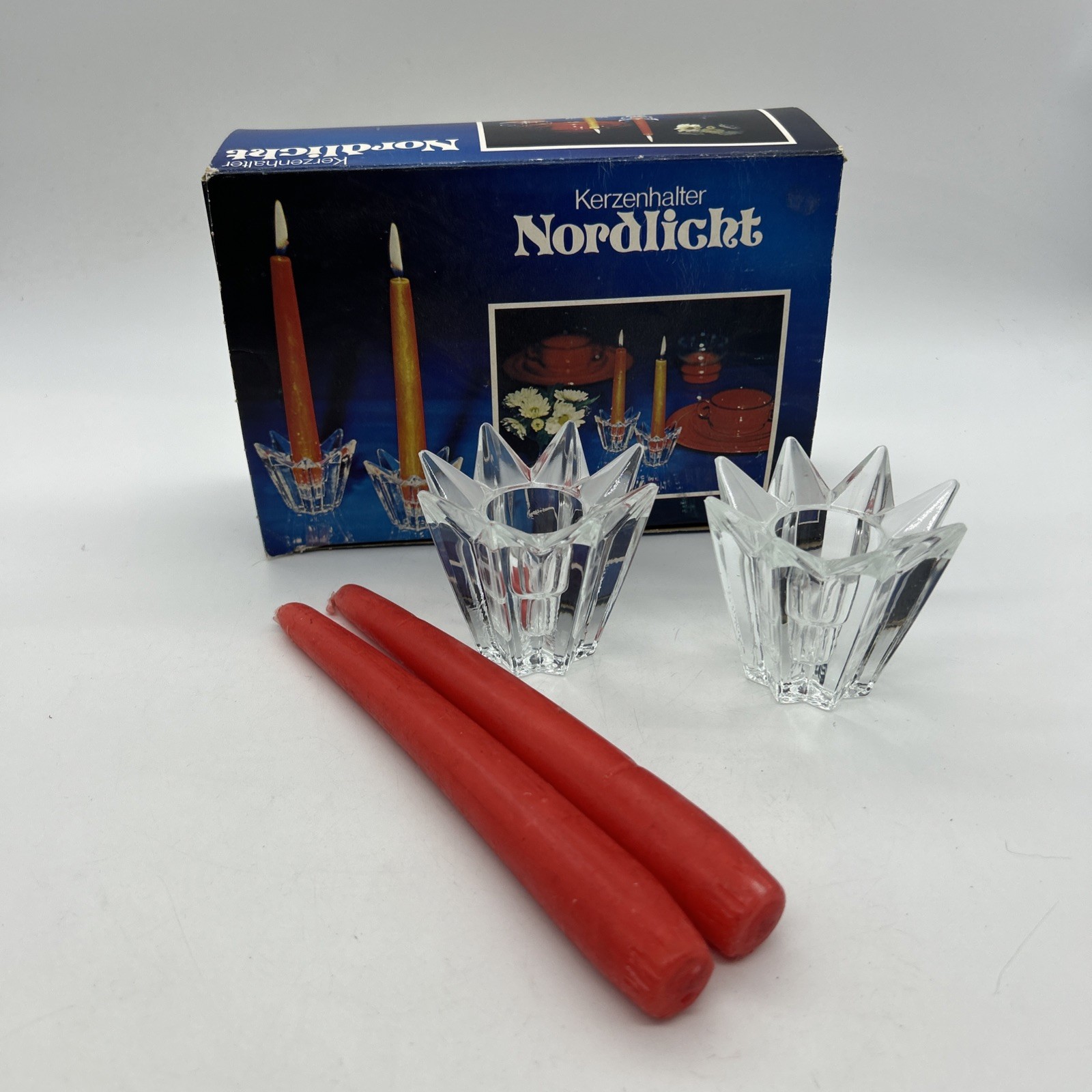 MCM Nordlicht Atomic Star Glass Candle Holder Pair Dinner Candles Kerzenhalter