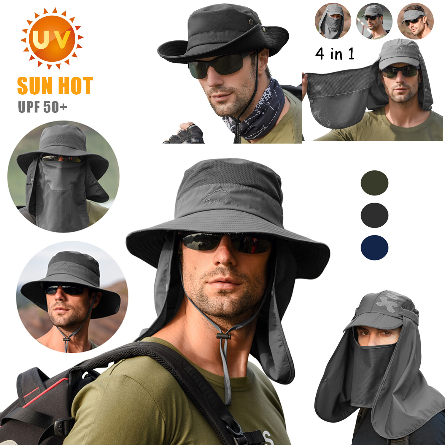 Wide Brim Sun Hat UV Protection Bucket Cap For Hiking Camping Fishing Safari Men