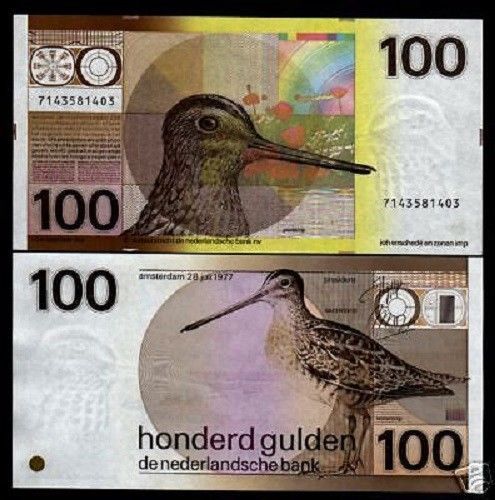 NETHERLANDS 100 GULDEN P-97 1977 x 1 Pcs PreEuro SNIPE BIRD UNC DUTCH MONEY NOTE
