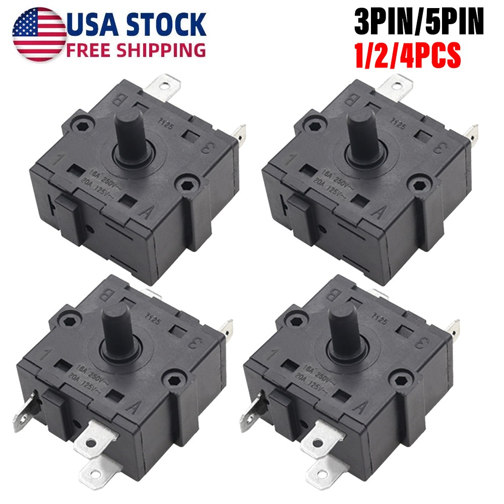 1/2/4PCS Rotary Gear Knob Switch  3/5 Pin, 250V AC 16A for Electric Heaters US
