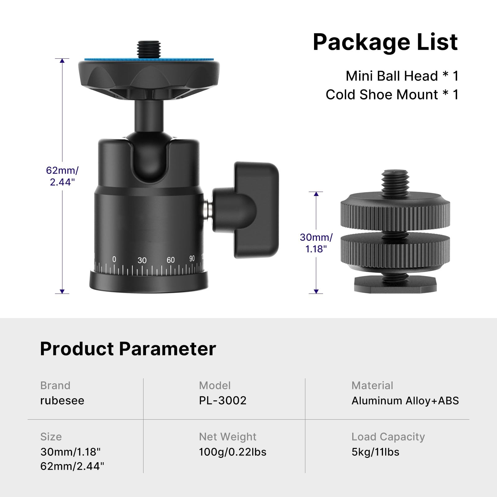 Mini Ball Head, rubesee Panoramic Camera Tripod Head with 1/4" Screw black