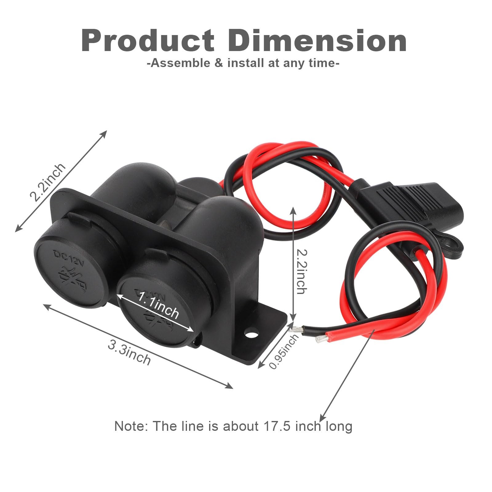1PCS Cigarette Lighter Socket with Blade Fuse, 2-Socket Black-1P