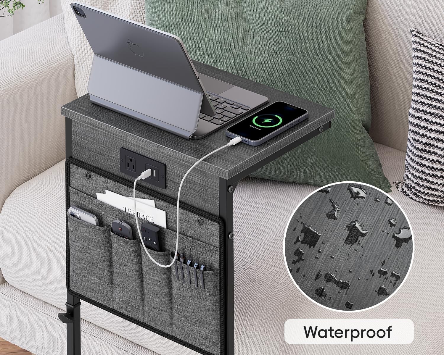 C Shaped End Table W/ Charging Station 33" Tall Side Table Couch Sofa Table