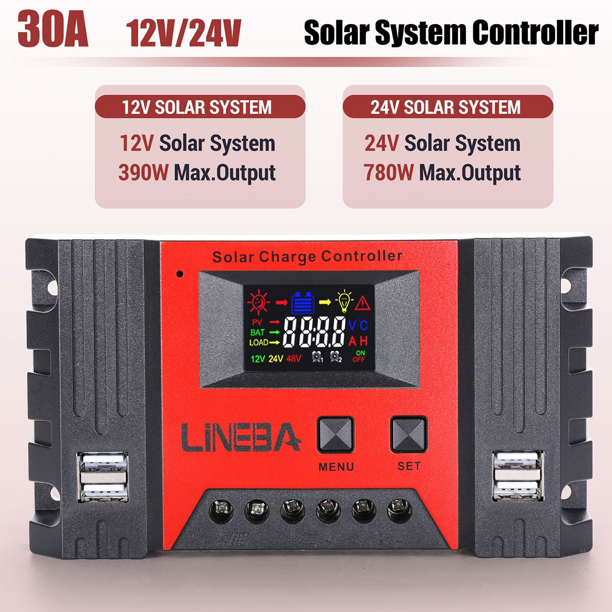 PWM 30A Controlador de carga para solar panel 12/24V Pantalla LCD Regulador 4USB