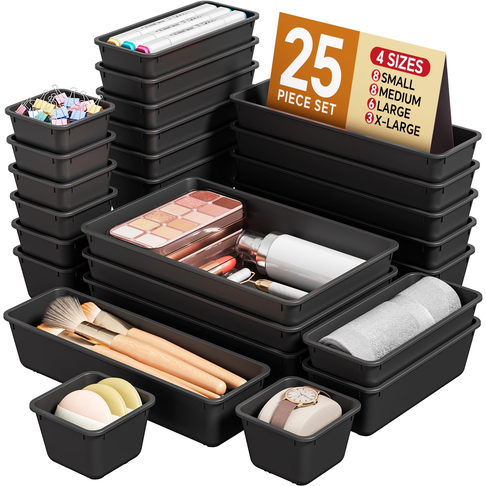 25 PCS Plastic Drawer Organizers Set, 4 Sizes Vanity Organizer, Makeup and De...