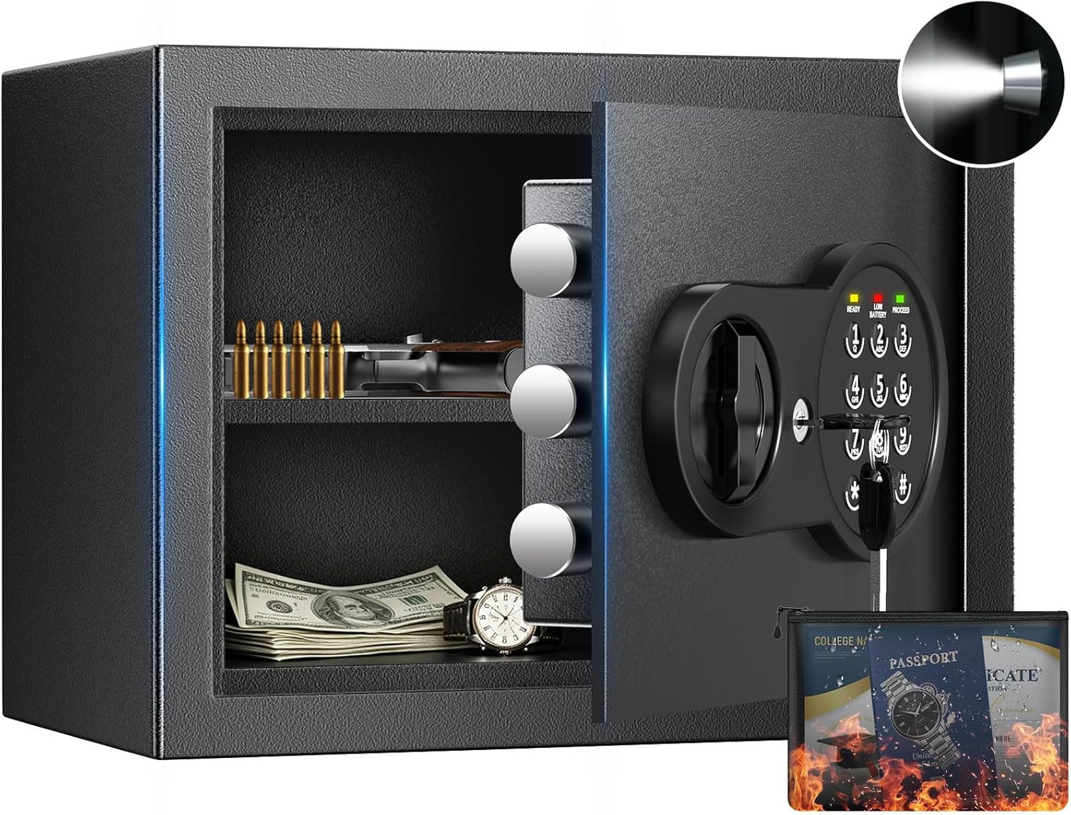 9.84'' Small Home Safe,Digital Keypad,Smart Alert,Fireproof Bag | Removable Shel