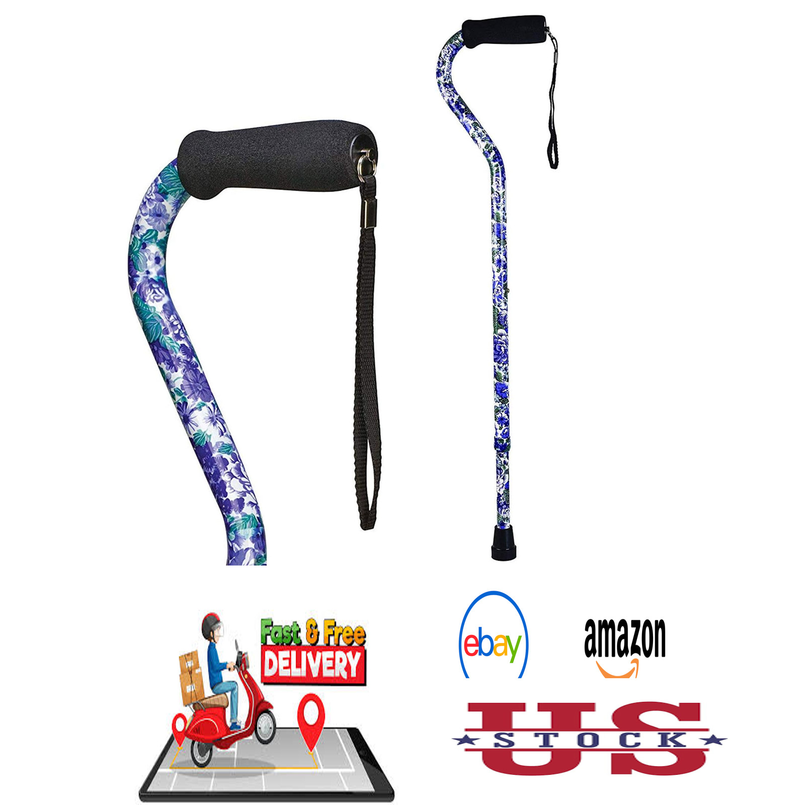 Adjustable Cane with Offset Handle Aluminum Support 250 Pounds Lightweight