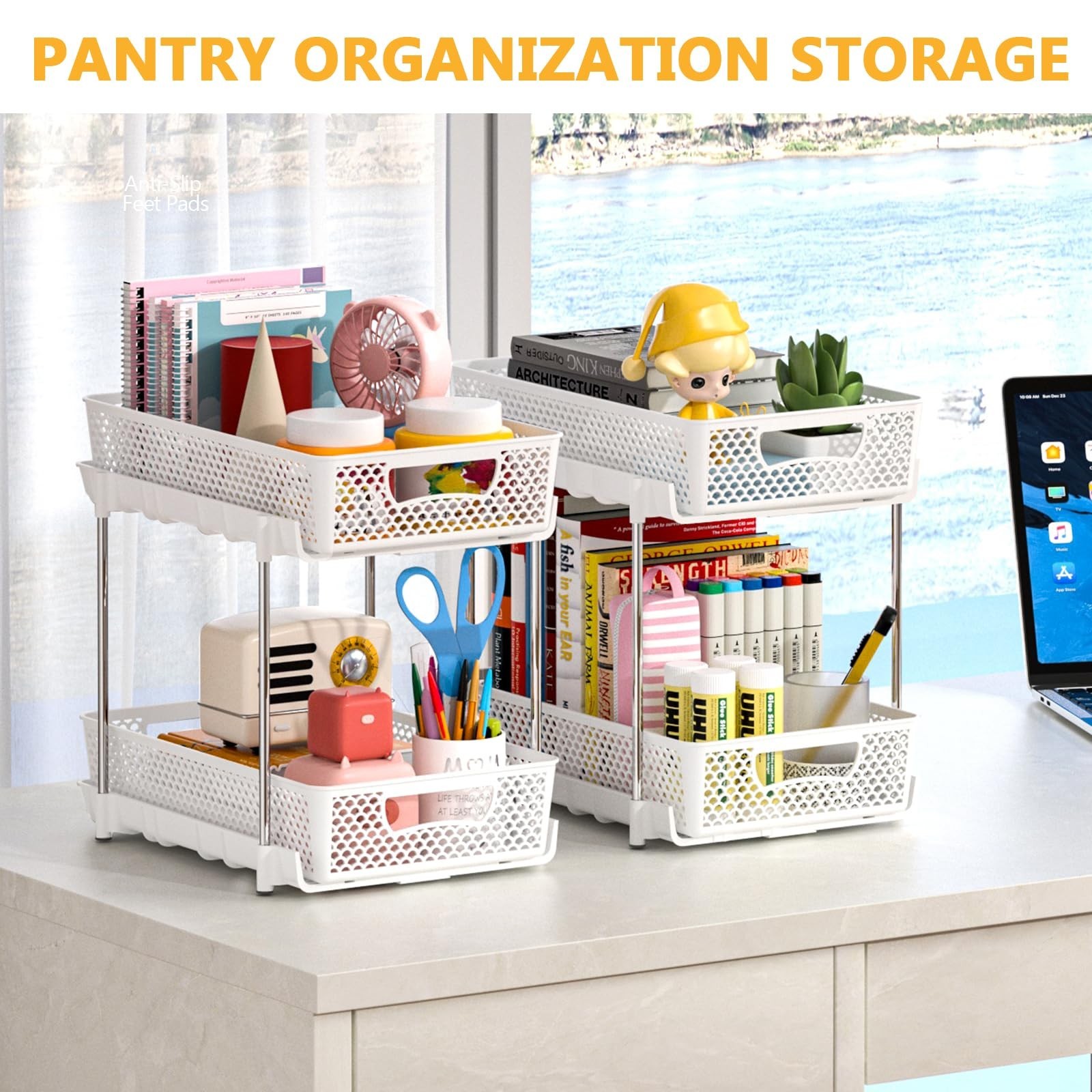 DABIGE 2 Pack Pull Out Bathroom Organizer 2 Tier Stackable Under Sink White