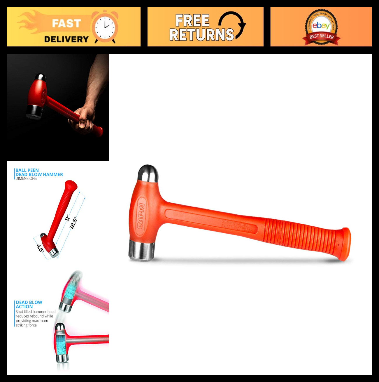 36 oz Dead Blow Ball Peen Hammer - Heavy Duty, Vibration Dampening, Orange