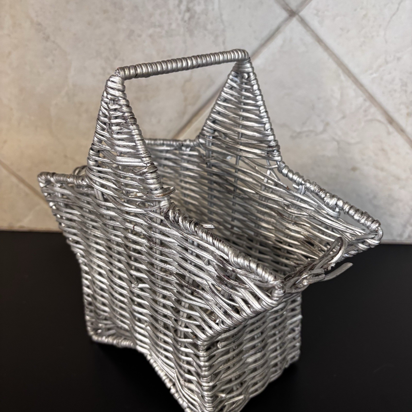 Silver Woven Rattan Star Basket with Handle