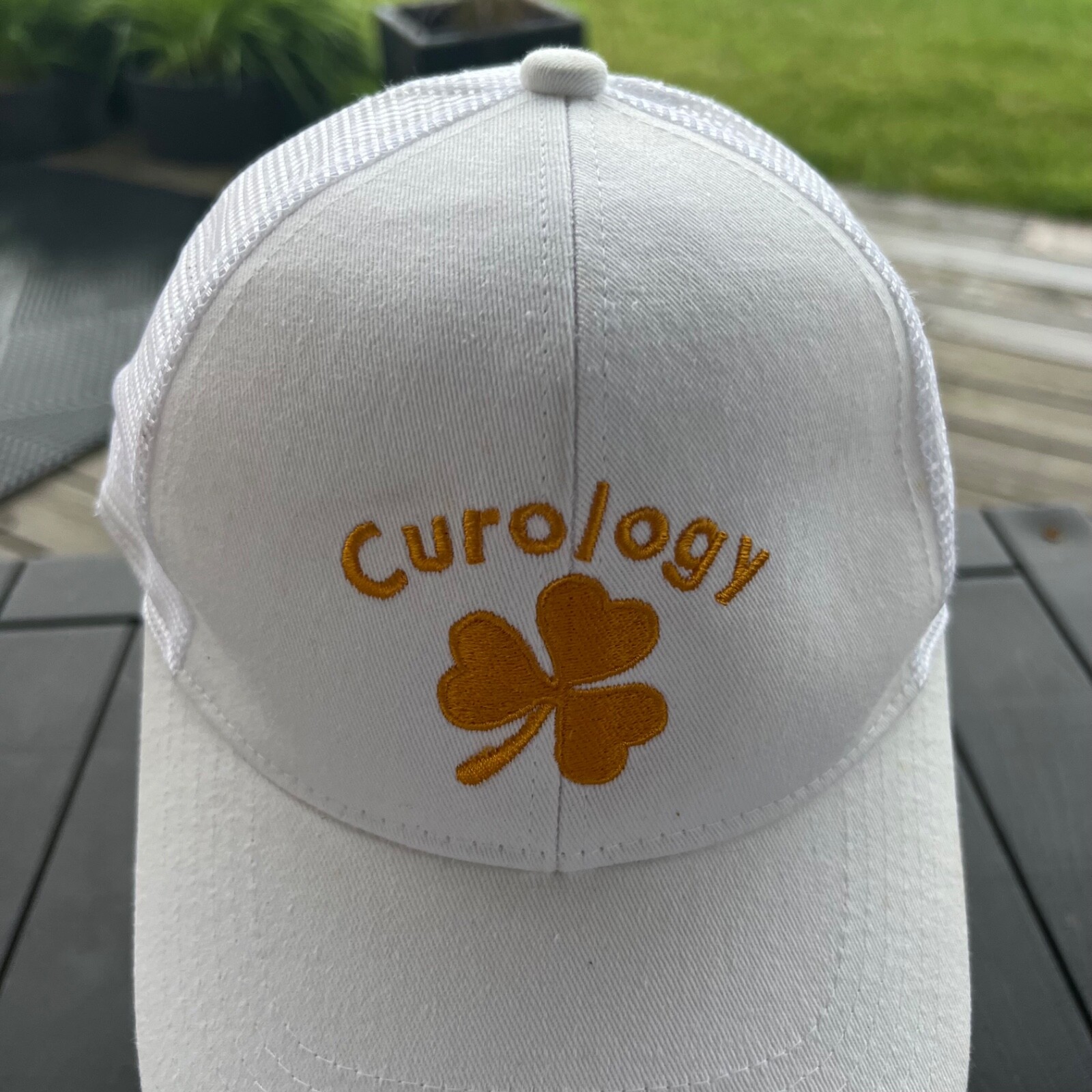 Curology Shamrock Gold Embroidered Hat Cap White Trucker Fabric Mesh w Hook Loop