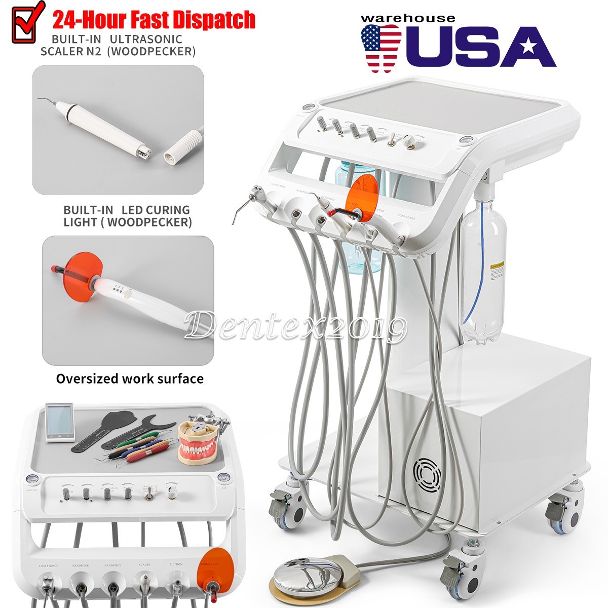 Dental mobile Delivery Unit Cart with Compressor ultrasonic scaler Curing Light