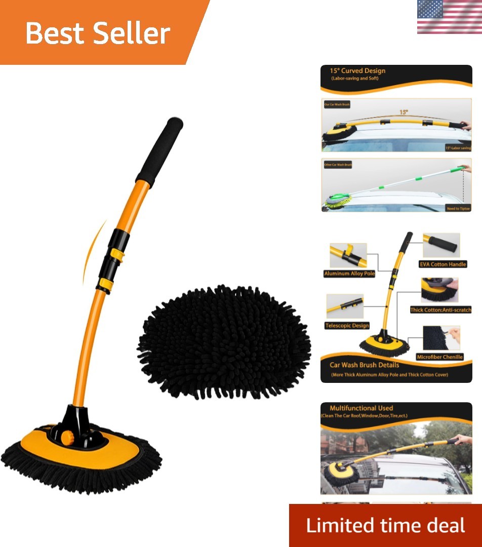 15° Curved Car Cleaning Brush with Telescopic Handle 43" Aluminum Alloy Long ...