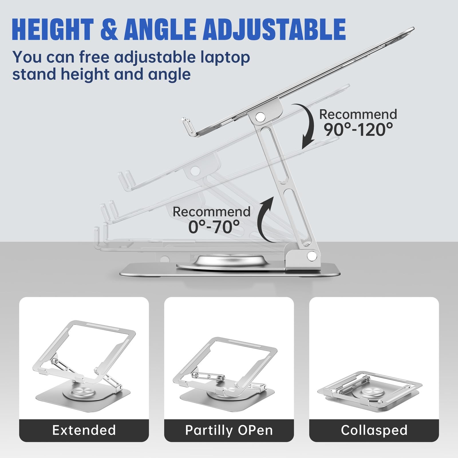 Adjustable Laptop Stand 360 Rotating Base Ergonomic Riser Foldable Silver
