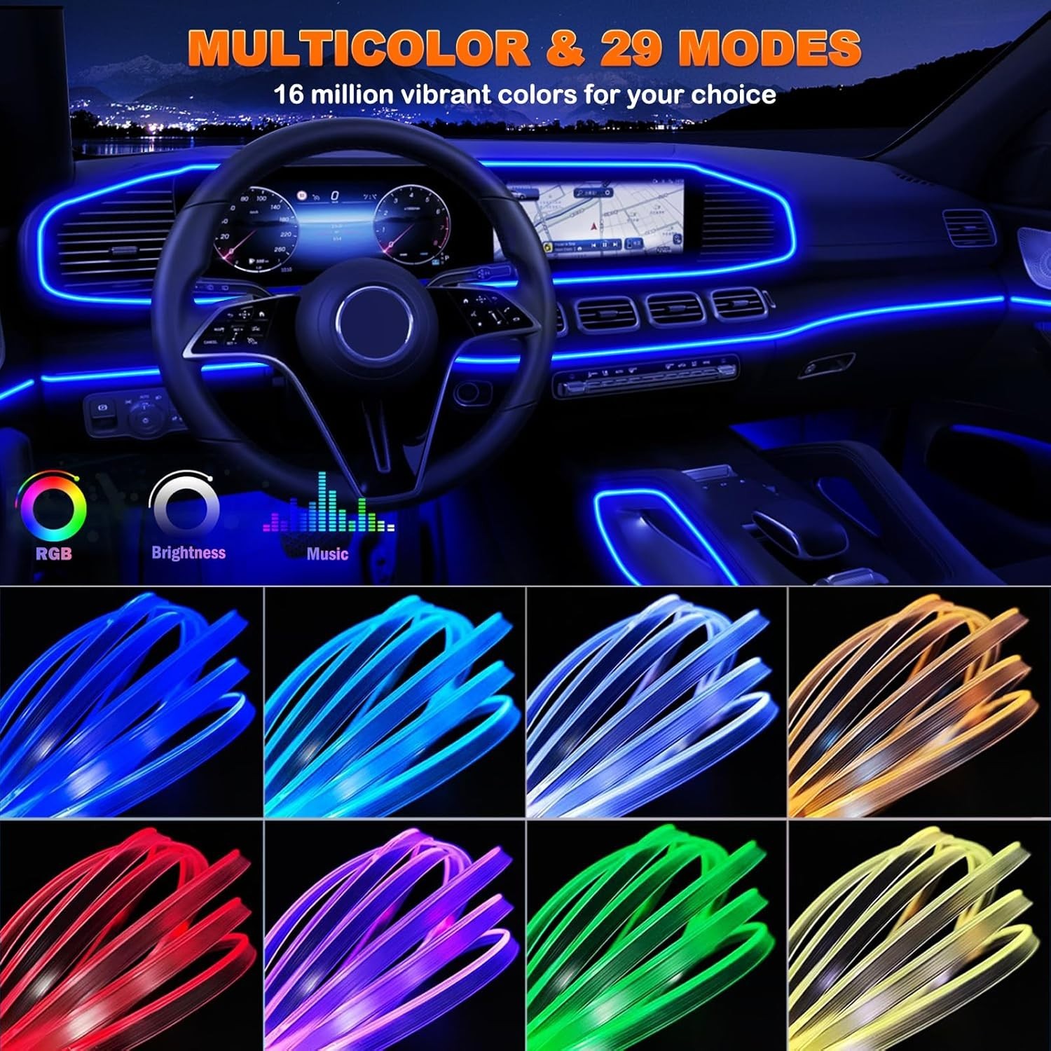 Jushope Interior Car LED Strip Lights with Wireless APP and Remote Control, RGB