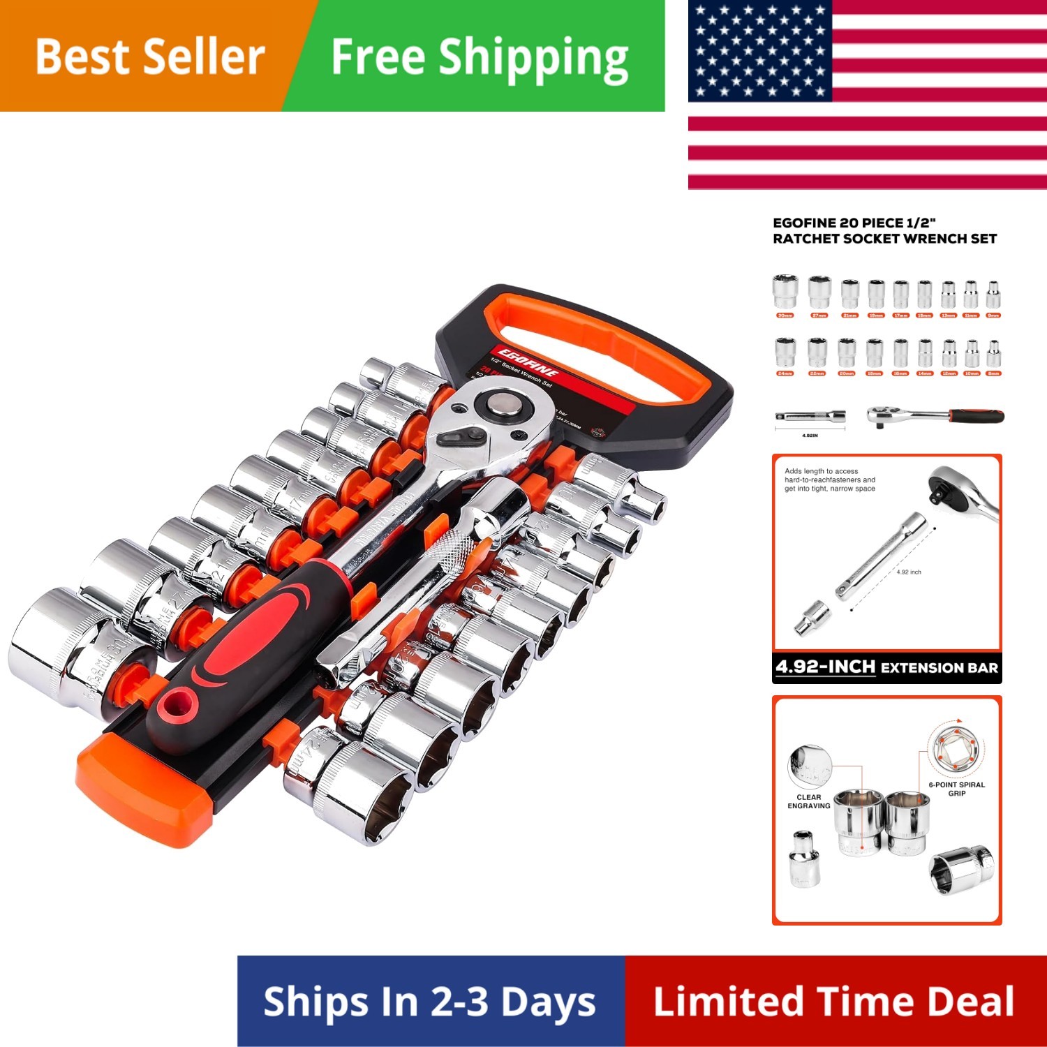 20pcs 1/2 Inch Ratchet Socket Wrench Set, Drive Socket Set with 18 Sockets, 8...