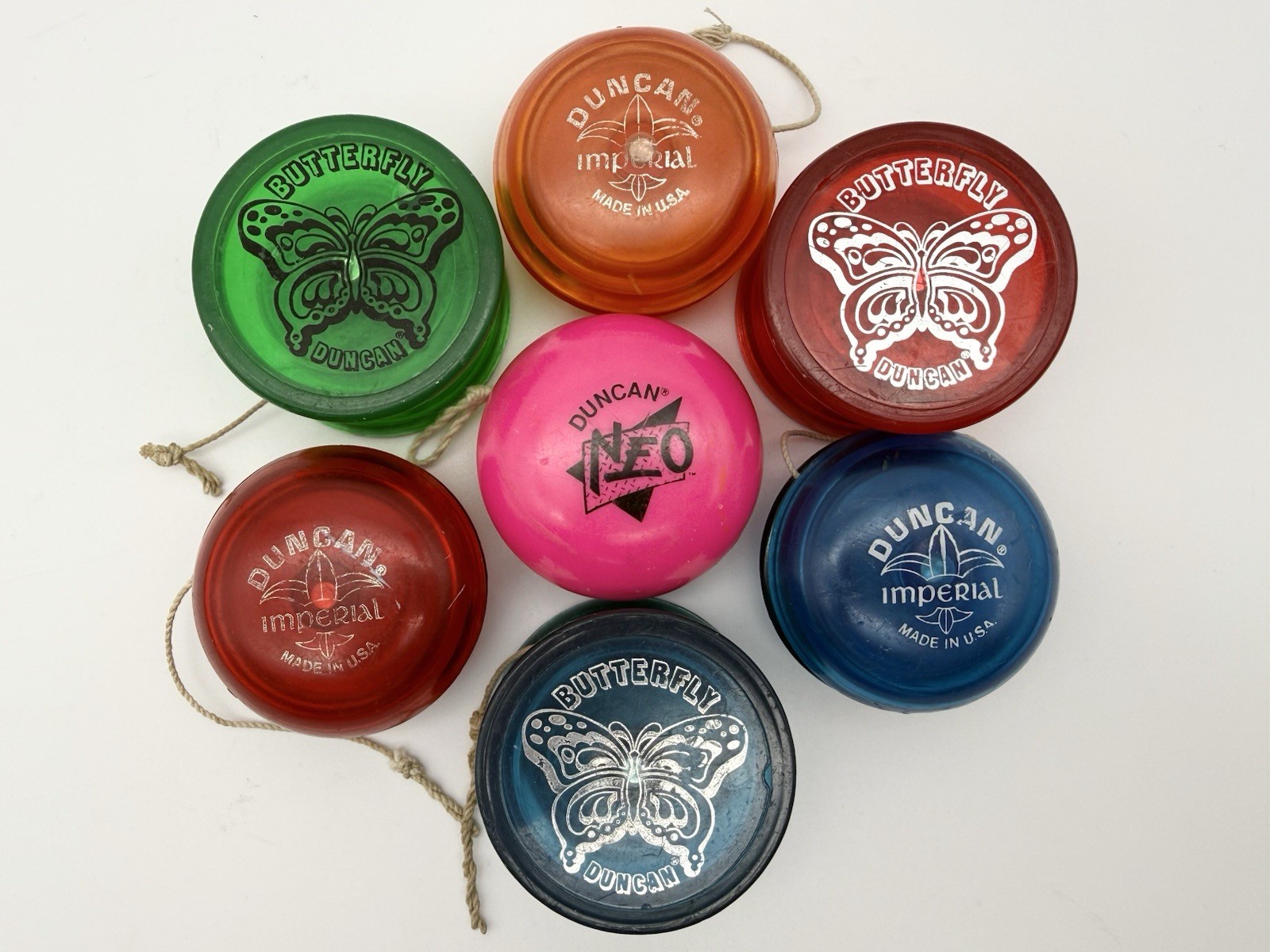 Vtg Duncan Lot of 7 Yo Yo's NEO Imperial Butterfly Red Green Blue Orange Pink
