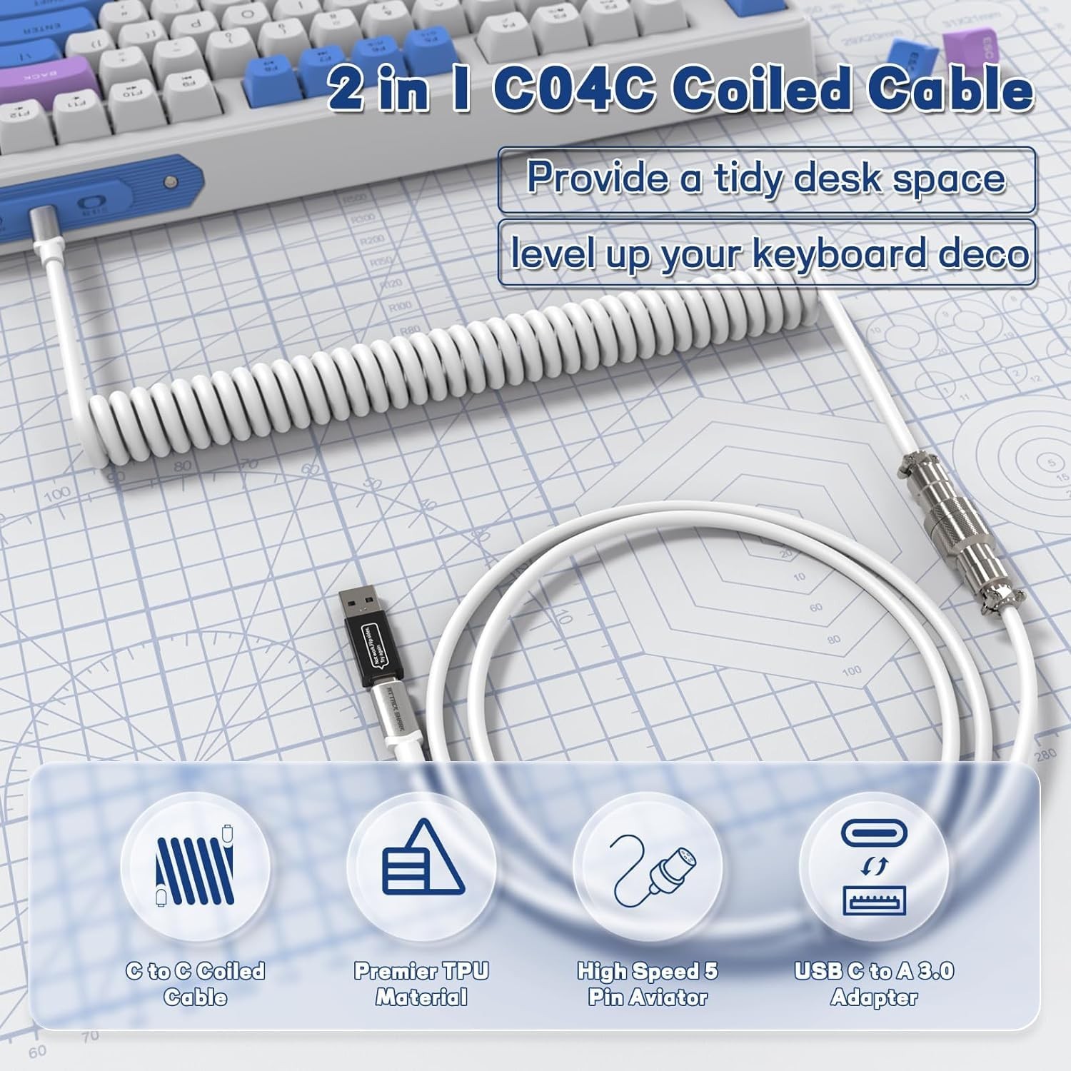 ATTACK SHARK CO4-C Coiled USB C Cable for Mechanical Keyboard with USB to USB...