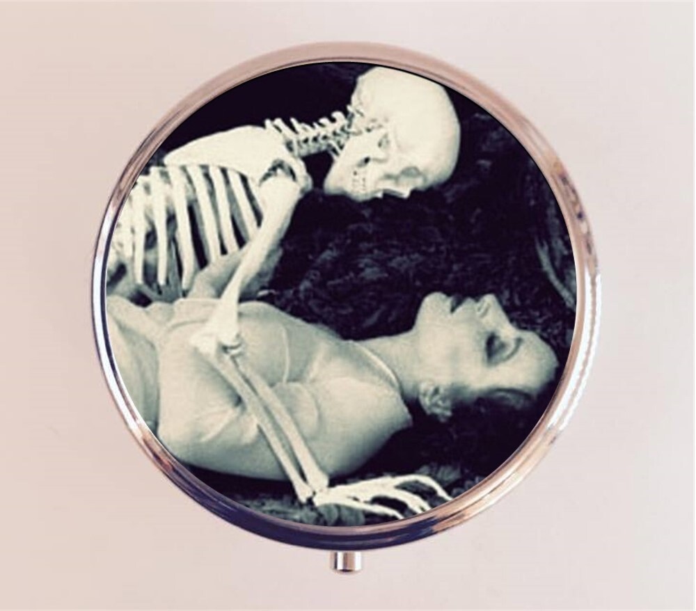 Flapper and Skeleton Pill Box Case Pillbox Holder Trinket Travel Art Deco Goth