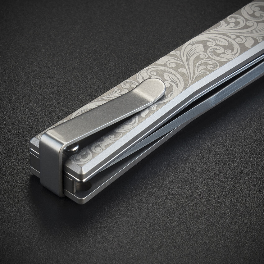 Ocaso Solstice Linerlock Gray Scroll Titanium Folding S35VN Pocket Knife 10ESS