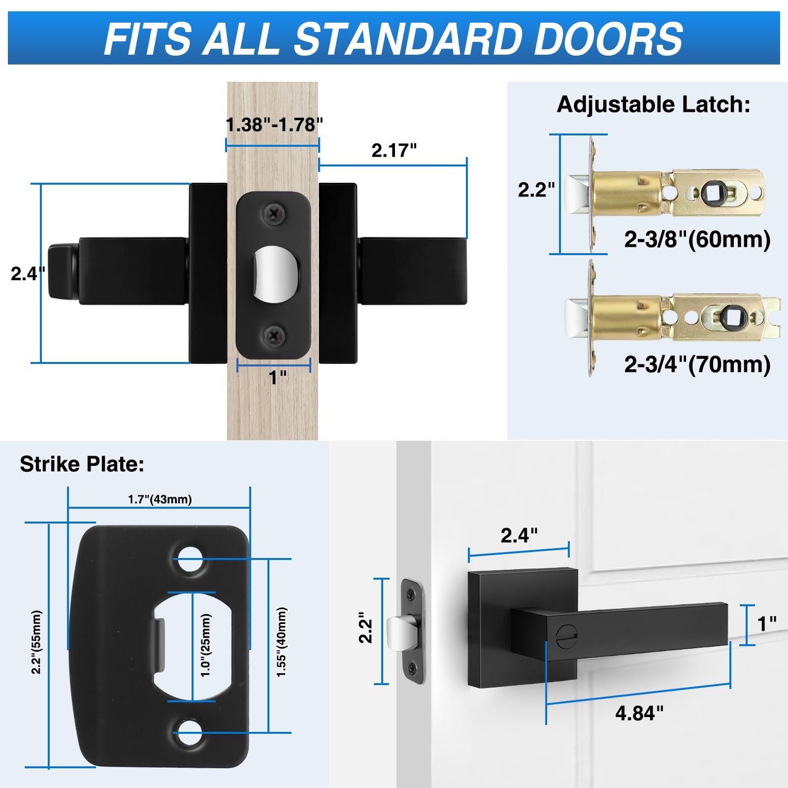 Plustool 2 Pack Matte Black Door Handles, Keyless Interior Door Knobs, Privac...