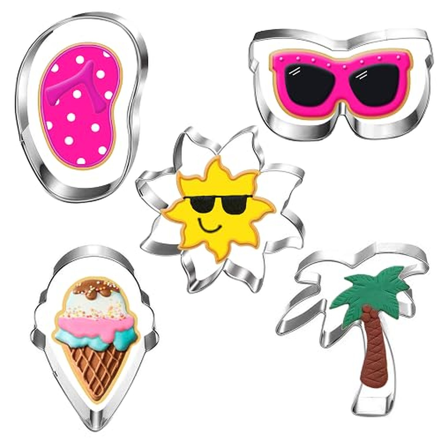 LUBTOSMN Summer Cookie Cutter Set-5 Piece-Flip Flop, Sunglasses, Sun, Ice Cre...